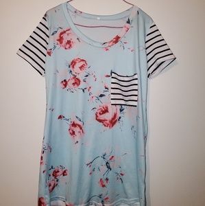 Blue Mixed Pattern Shirt, Floral and Stripes, Soft